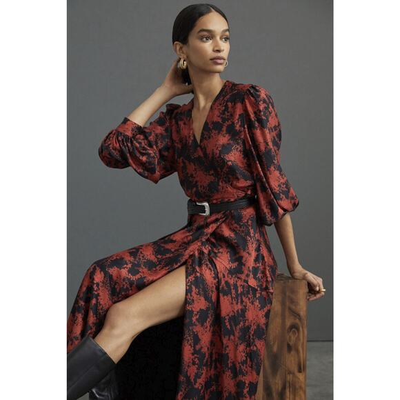 Anthropologie Dresses & Skirts - Anthropologie x Caballero Silky Abstract Wrap Midi Dress Red & Black Anthro XS